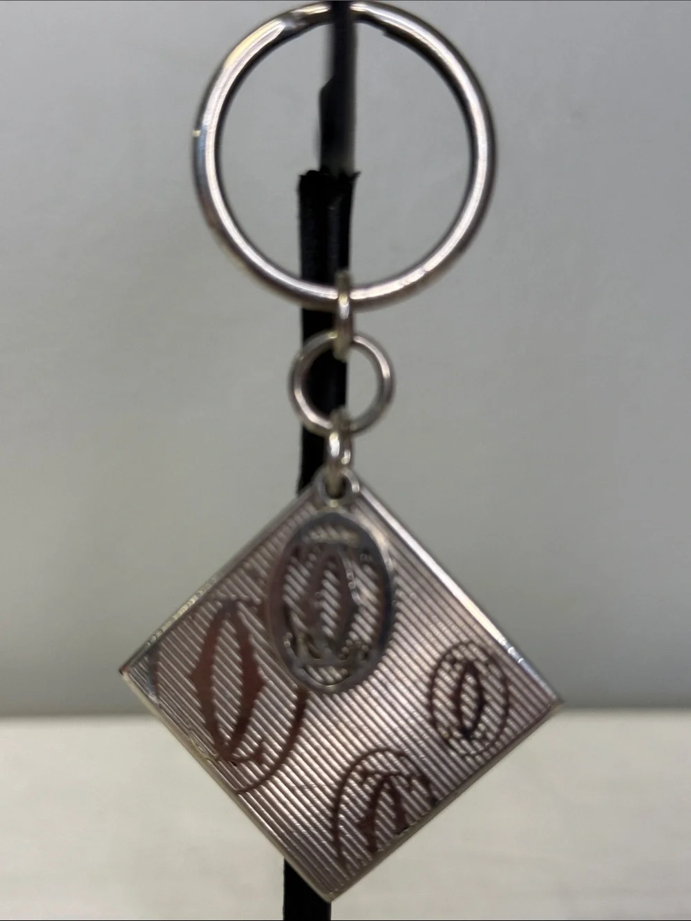 Cartier 2C Logo Silver Tone Key Ring Bag Charm Diamond Shape Monogram
